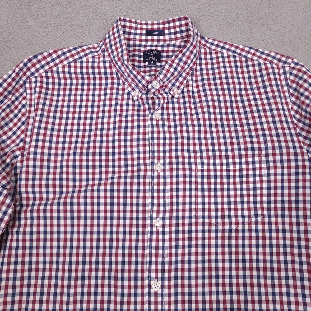 J Crew Shirt Mens XL Slim Fit Red White Blue Gingham Plaid Flex Washed Button Up